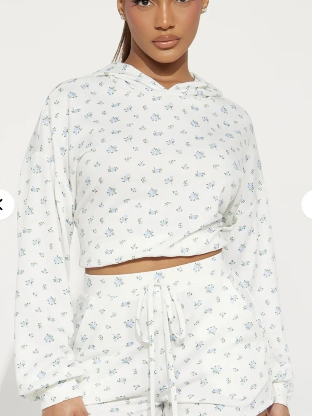 Fashion Nova White Cropped Hoodie & Shorts Lounge Set with Blue Floral Print